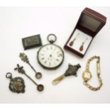 A silver pocket watch with Chester hallmarks for 1905, a silver babies teether whistle Birmingham