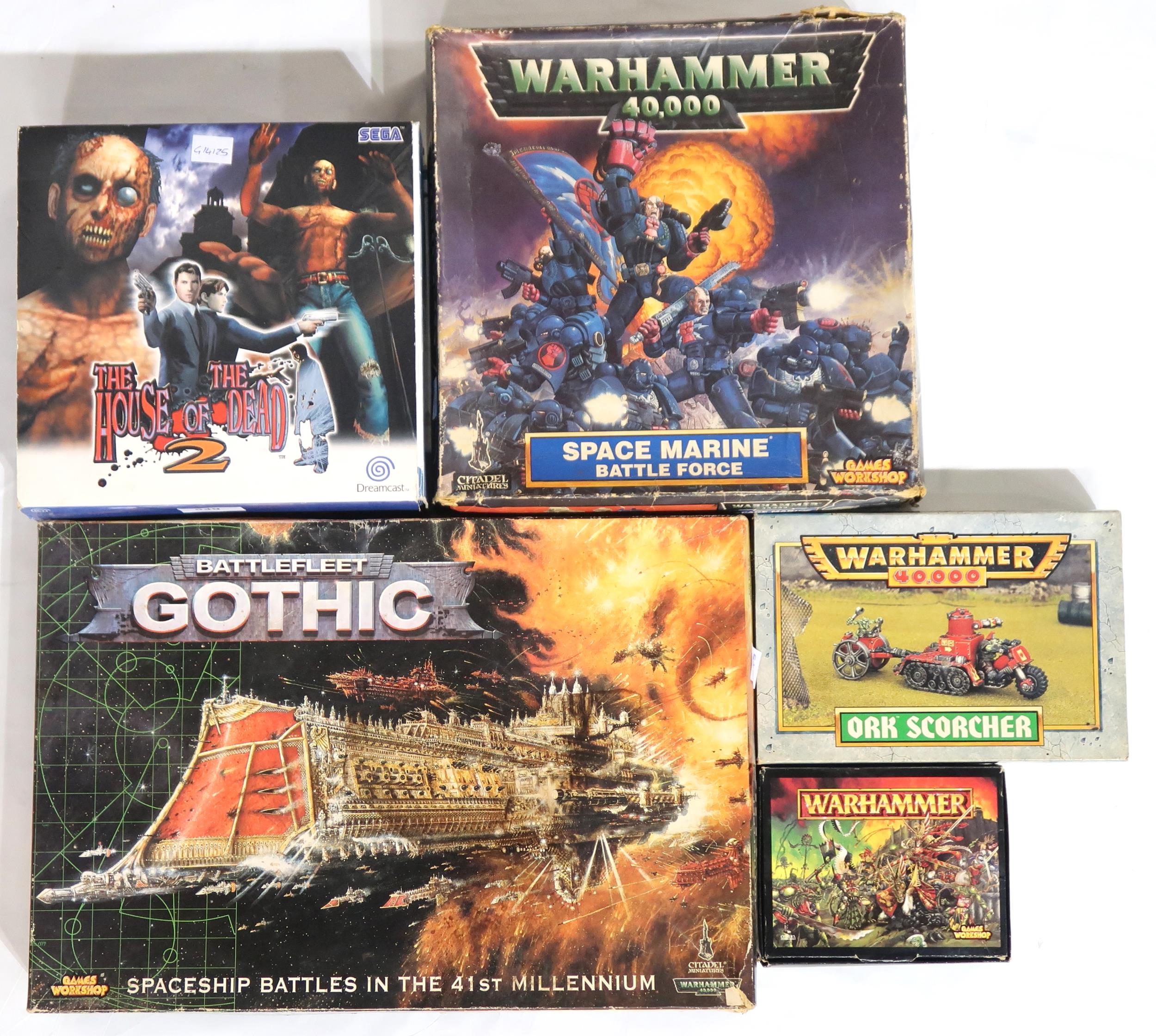 Boxed Warhammer 40,000 Space Marine Battle Force and Ork Scorcher sets, a Games Workshop Battlefleet