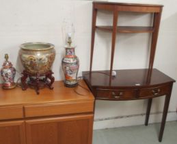 A lot comprising 20th century mahogany two drawer hall table, demi lune two tier table, Oriental