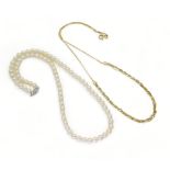 An Italian made 14k gold plaited snake chain, weight 4.3gms, together with a string of white