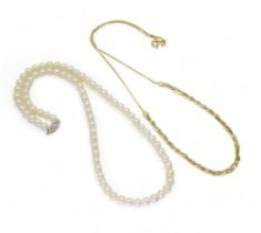 An Italian made 14k gold plaited snake chain, weight 4.3gms, together with a string of white