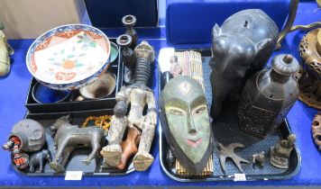 An Imari bowl, an African figures, a masks, an ebony elephant and other items Condition Report: