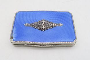 A continental silver guilloche enamel snuff box, with applied decoration to the lid, inscribed to
