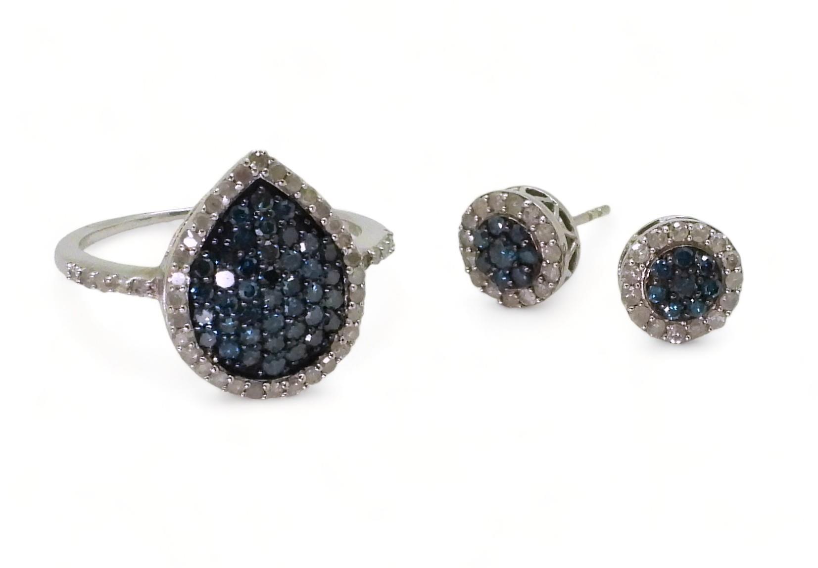 A pair of 9ct white gold blue and white diamond stud earrings, weight 2.1gms, together with a silver