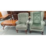 A lot comprising green upholstered wingback armchair, 103cm high x 83cm wide x 91cm deep, another