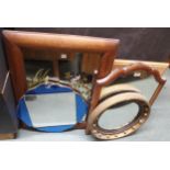 A lot comprising two assorted chessboard table tops and four assorted wall mirrors including gilt