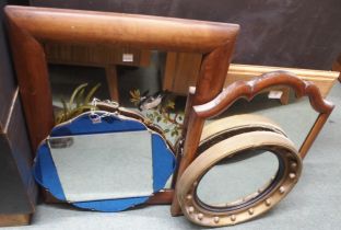 A lot comprising two assorted chessboard table tops and four assorted wall mirrors including gilt