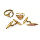 A pair of 9ct gold cufflinks with two (af) 9ct gold signet rings, weight all together 12.3gms