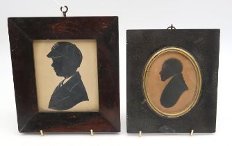 An early-19th century miniature silhouette portrait of a gentleman in profile, with trade label
