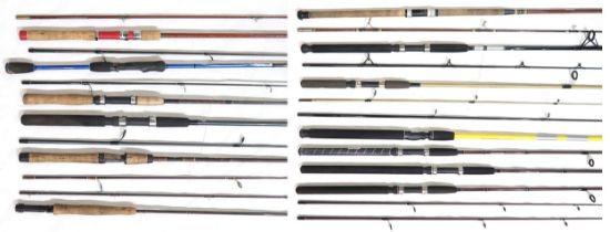 An assortment of fishing rods, to include Abu Atlantic 450; Mitchell Adventure Flash and Vantage;