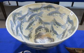 A large Drymen pottery bowl, decorated with fish, 54cm diameter Condition Report:Available upon