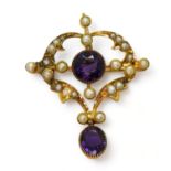 A bright yellow metal amethyst and pearl Edwardian pendant brooch, length 3.7cm, weight 4.3gms