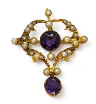 A bright yellow metal amethyst and pearl Edwardian pendant brooch, length 3.7cm, weight 4.3gms
