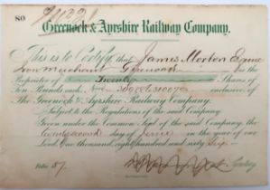 A Greenock & Ayrshire Railway Company share certificate "This is to certify that James Morton