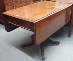 A 19th century mahogany drop leaf table on quadrupedal pedestal base, 72cm high x 57cm wide (114cm