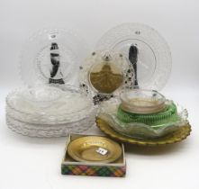 A collection of pressed glass including Isle of Man souvenir plate, Moses Montefiore, St Louis World
