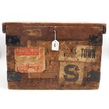 A pine shipping crate, extensively labelled and stencilled, measuring approx. 47cm x 36cm x 31cm