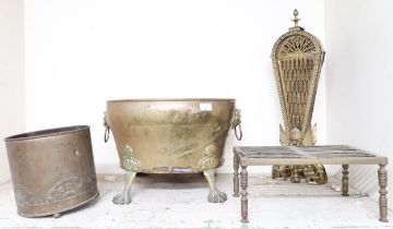 A lot comprising brass "peacock" fire screen, brass coal bucket with lion masque handles on paw