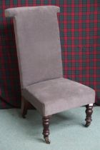 A Victorian mahogany framed Prie Dieu chair with contemporary grey upholstery, 98cm high x 50cm wide