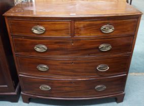 A Victorian mahogany bow front two over three chest of drawers, 97cm high x 110cm wide x 56cm deep