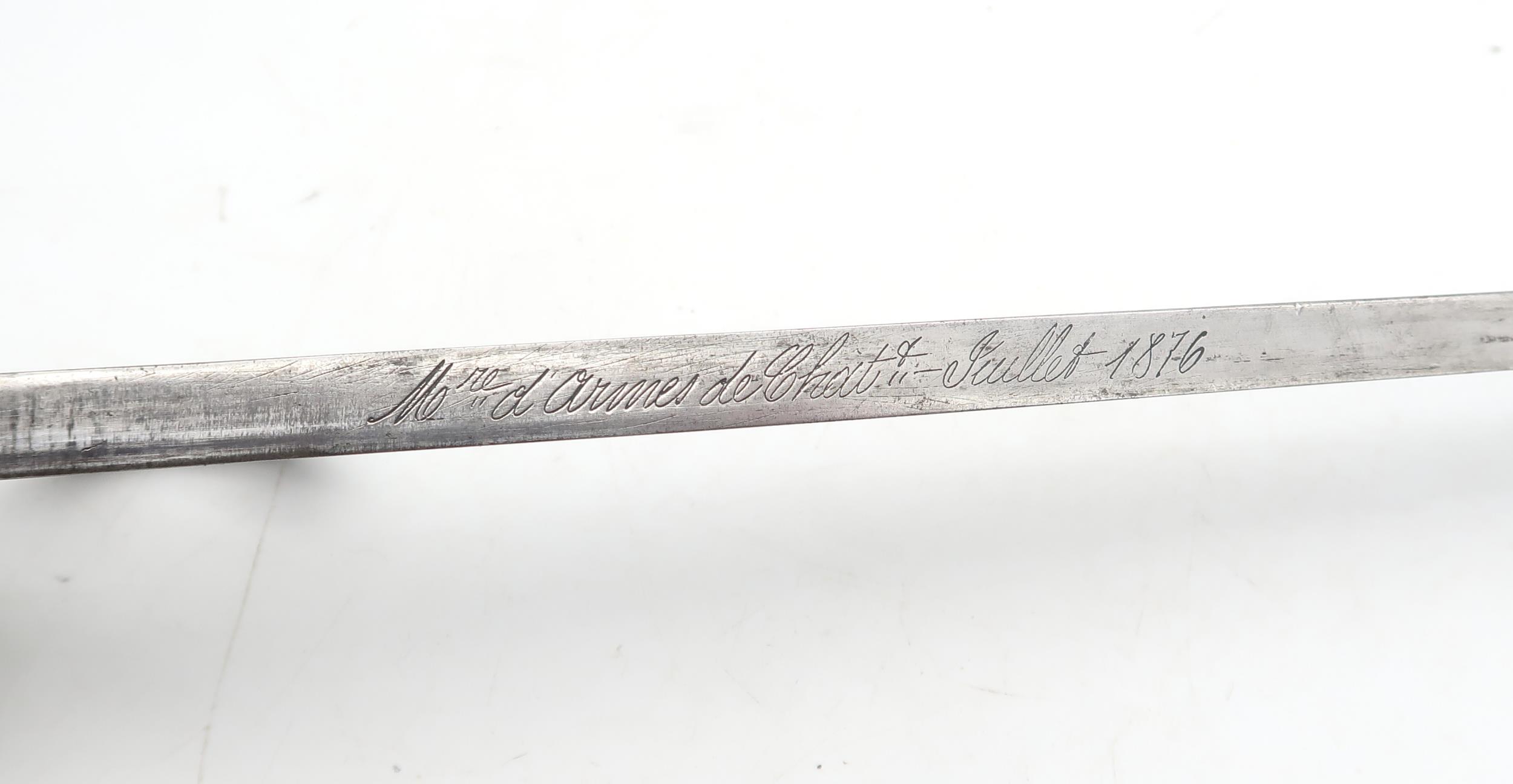 A French model 1874 Gras bayonet, dated 1876 with engraving to spine of blade, in steel scabbard, - Image 3 of 5