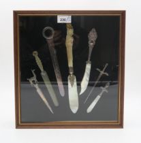 Two sets of framed letter openers, including an example by Robert Allison, an Edwardian example by