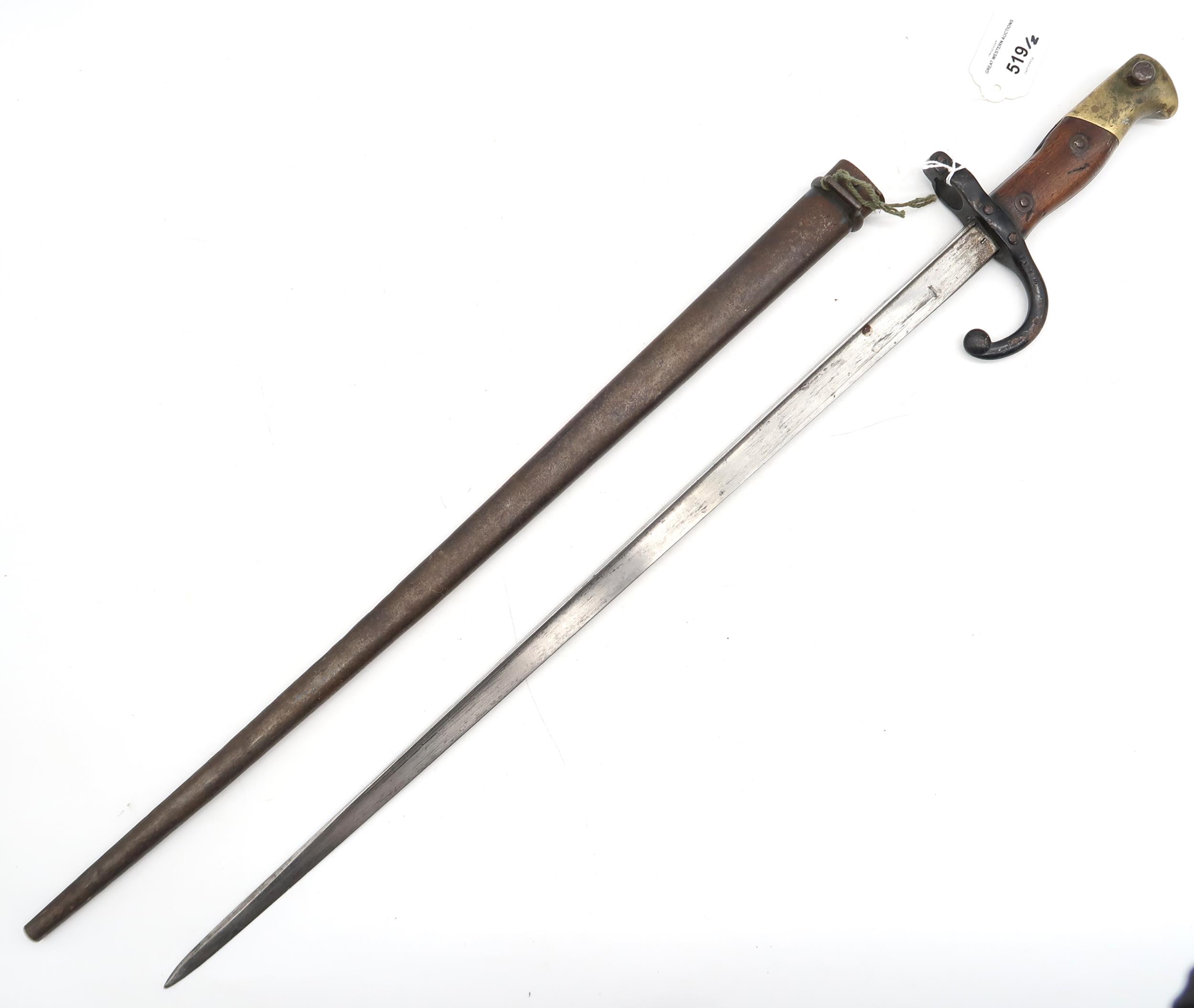 A French model 1874 Gras bayonet, dated 1876 with engraving to spine of blade, in steel scabbard, - Image 2 of 5