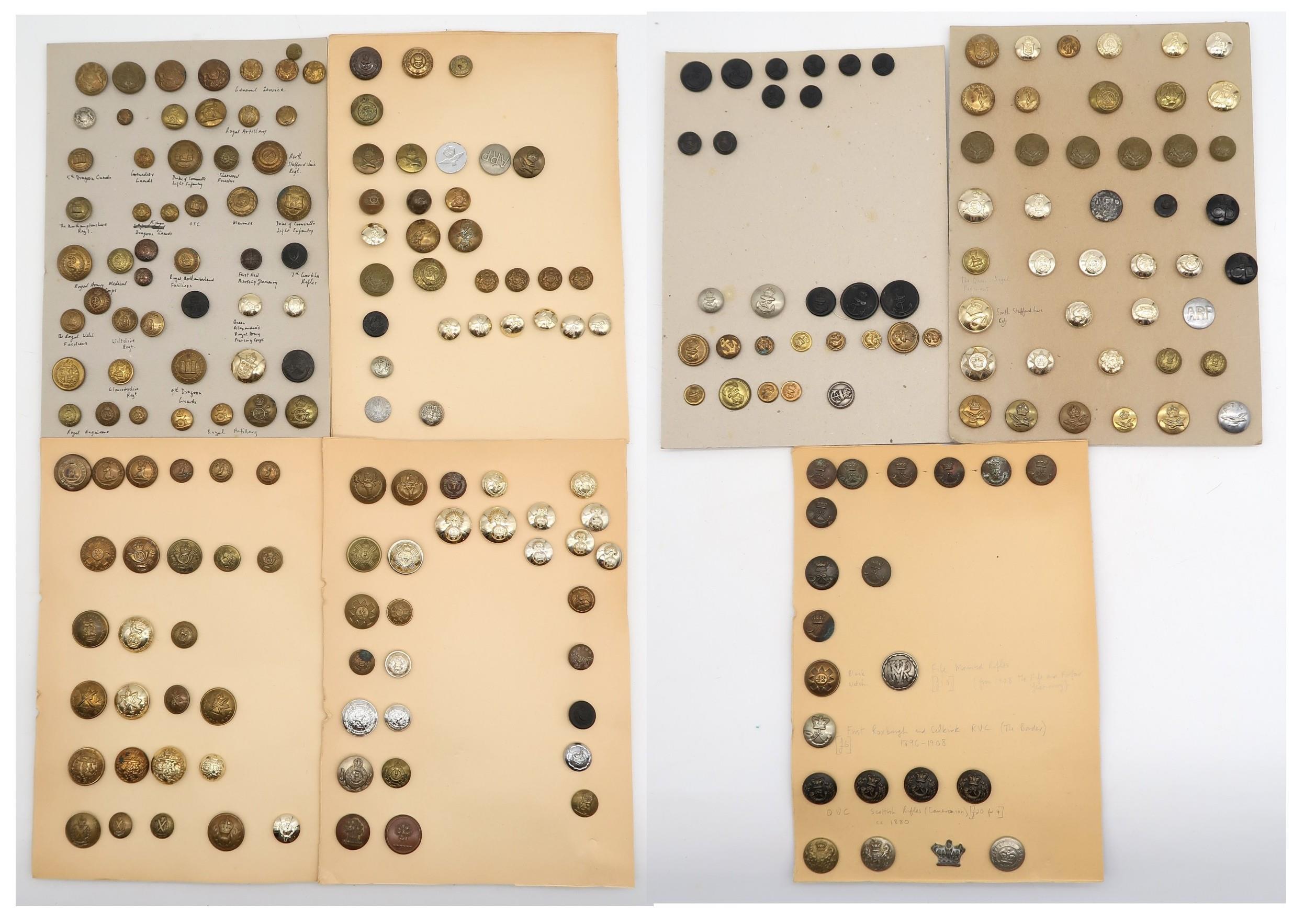 An album of military buttons, of mixed age, to include the Fife Mounted Rifle Volunteers, 7th Gurkha