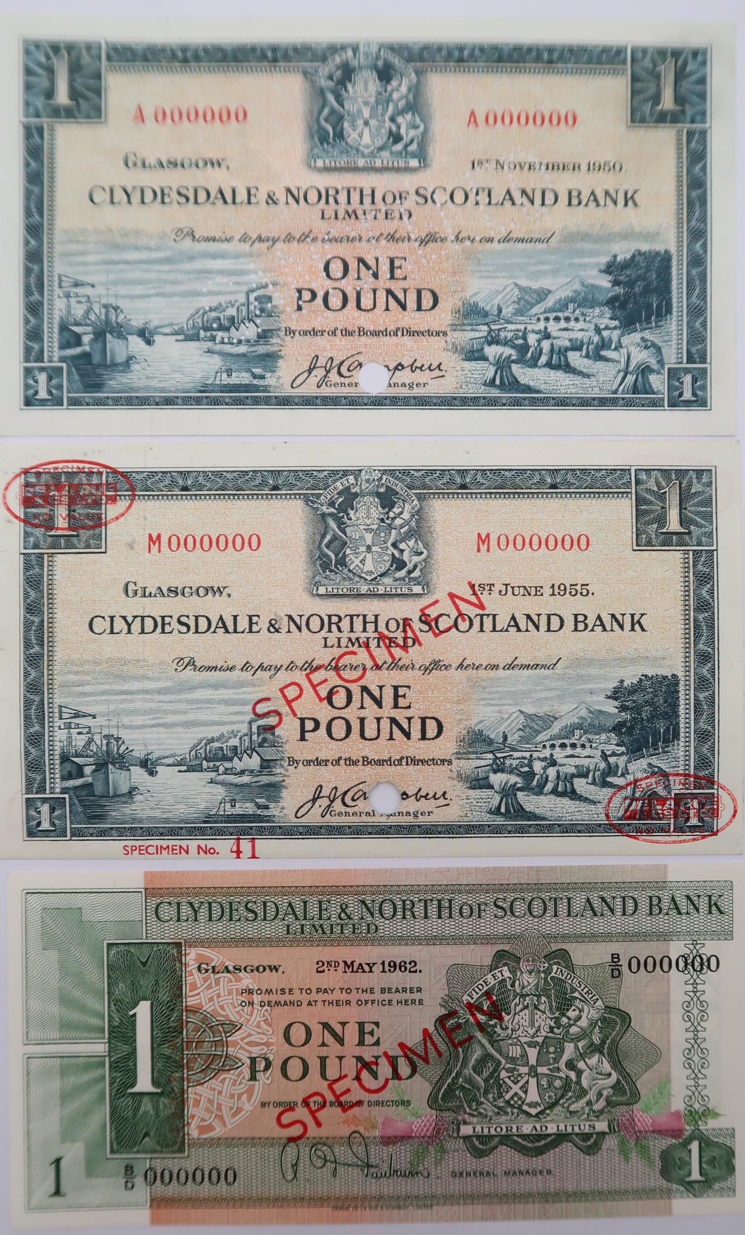 Clydesdale & North of Scotland Bank Limited cancelled £1 note 1st November 1950 Glasgow Campbell,