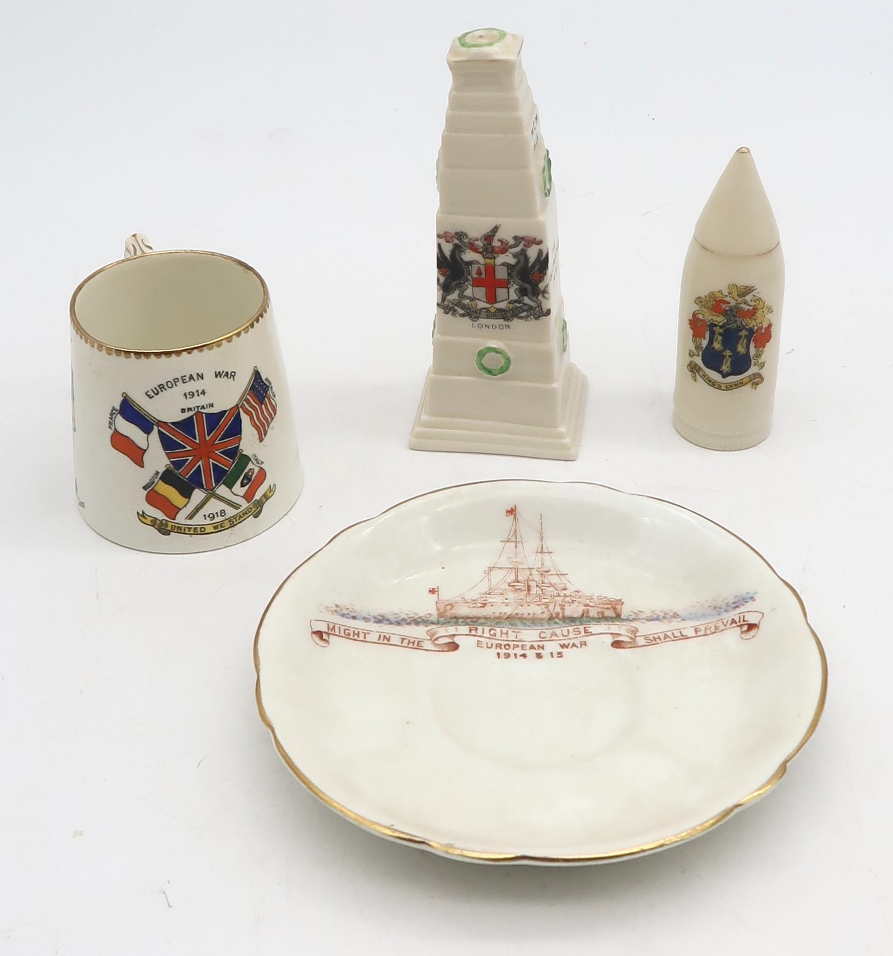 A Royal Doulton figure of Sir Winston Churchill, with four pieces of crested china on a military - Image 4 of 4