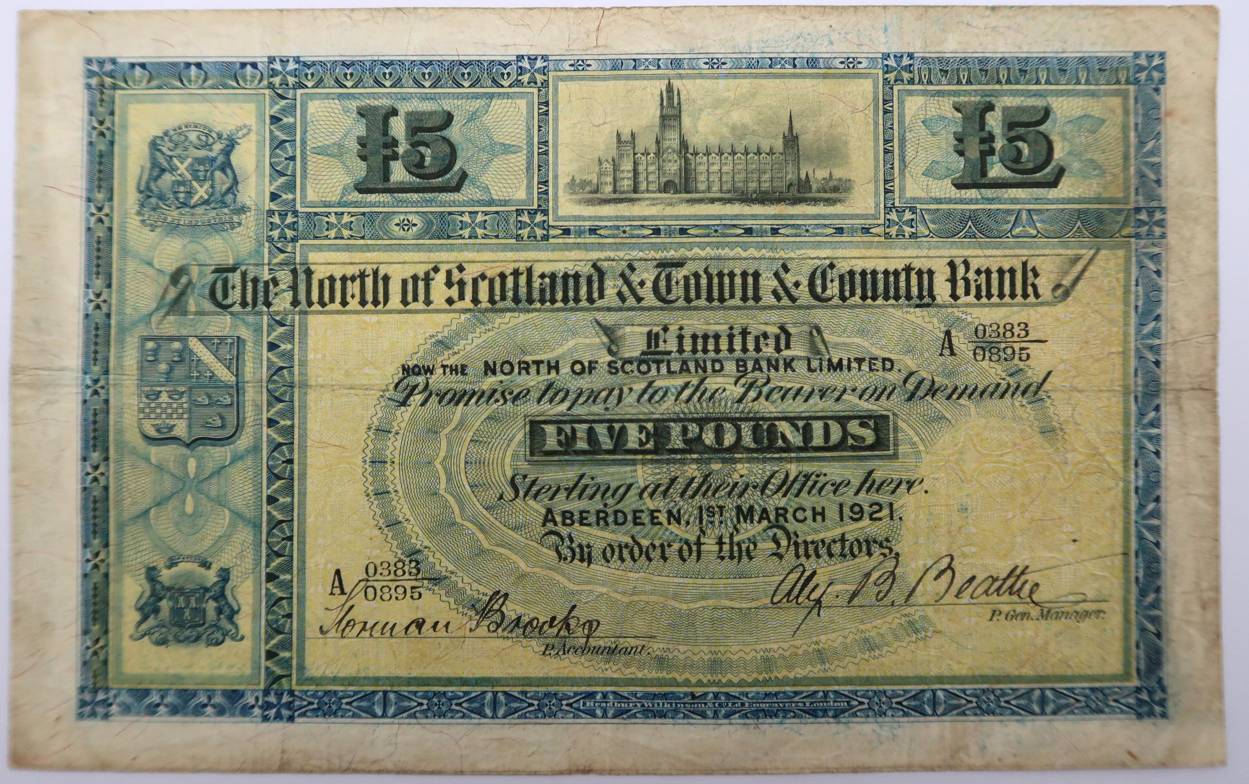 North of Scotland & Town & County Bank Limited, £5, 1st March 1921, serial number A 0383/0895, two