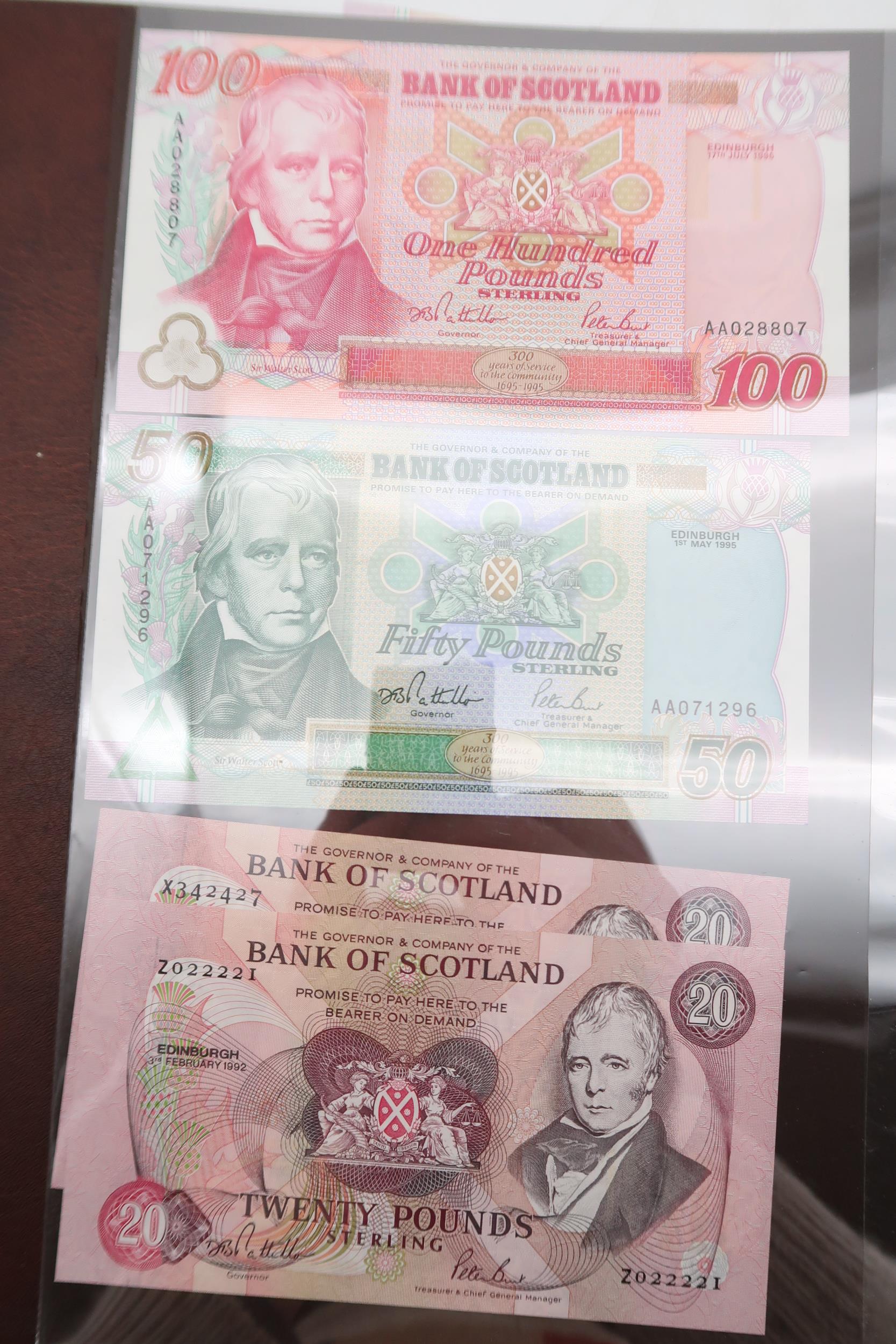 Bank of Scotland a collection in a binder of banknotes with £100, £50, £20, £10, £5, £1 to include - Image 5 of 14