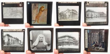 A selection of monochrome glass photographic slides, some depicting Glasgow buildings of