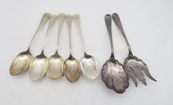 A set of six Birks sterling Old English pattern table spoons, and a pair of Shreve & Co sterling