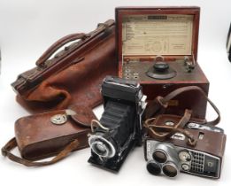 A small leather Gladstone bag, monogrammed "G.P.", cased Gecophone Crystal Detector Set No. 1, Zeiss