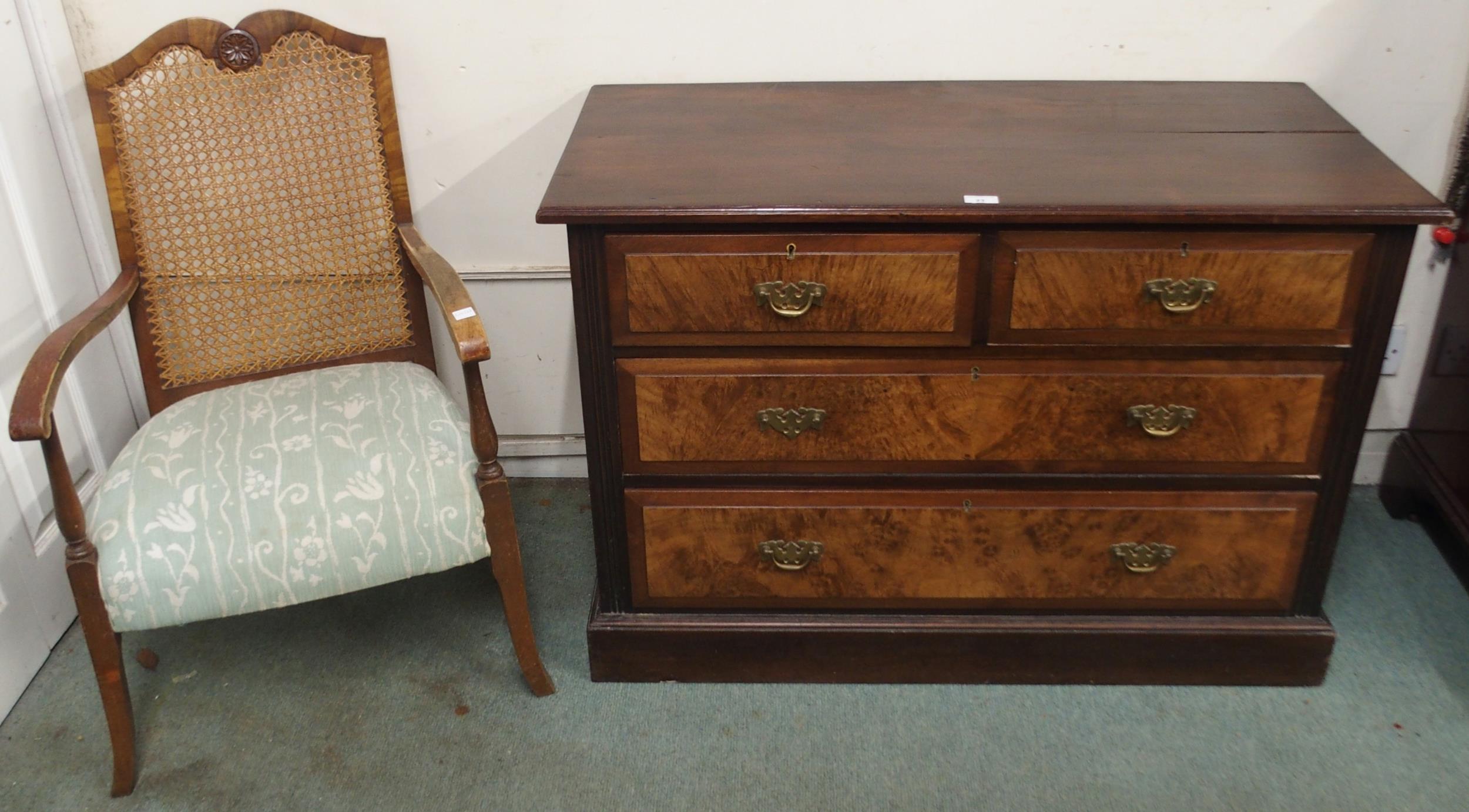 A lot comprising mahogany and walnut veneered two over two chest of drawers, 74cm high x 106cm
