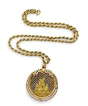 An 18ct gold Holy medal diameter 3.5cm, together with a 43cm, 18ct gold rope chain, weigh together