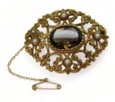 A 9ct gold Victorian style smoky quartz and pearl brooch, approx 4.7cm x 3.9cm, weight 15.3gms