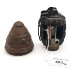 A bisected Mills bomb/hand grenade, together with a WW1-period no. 85 artillery fuse head (2)