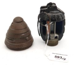 A bisected Mills bomb/hand grenade, together with a WW1-period no. 85 artillery fuse head (2)