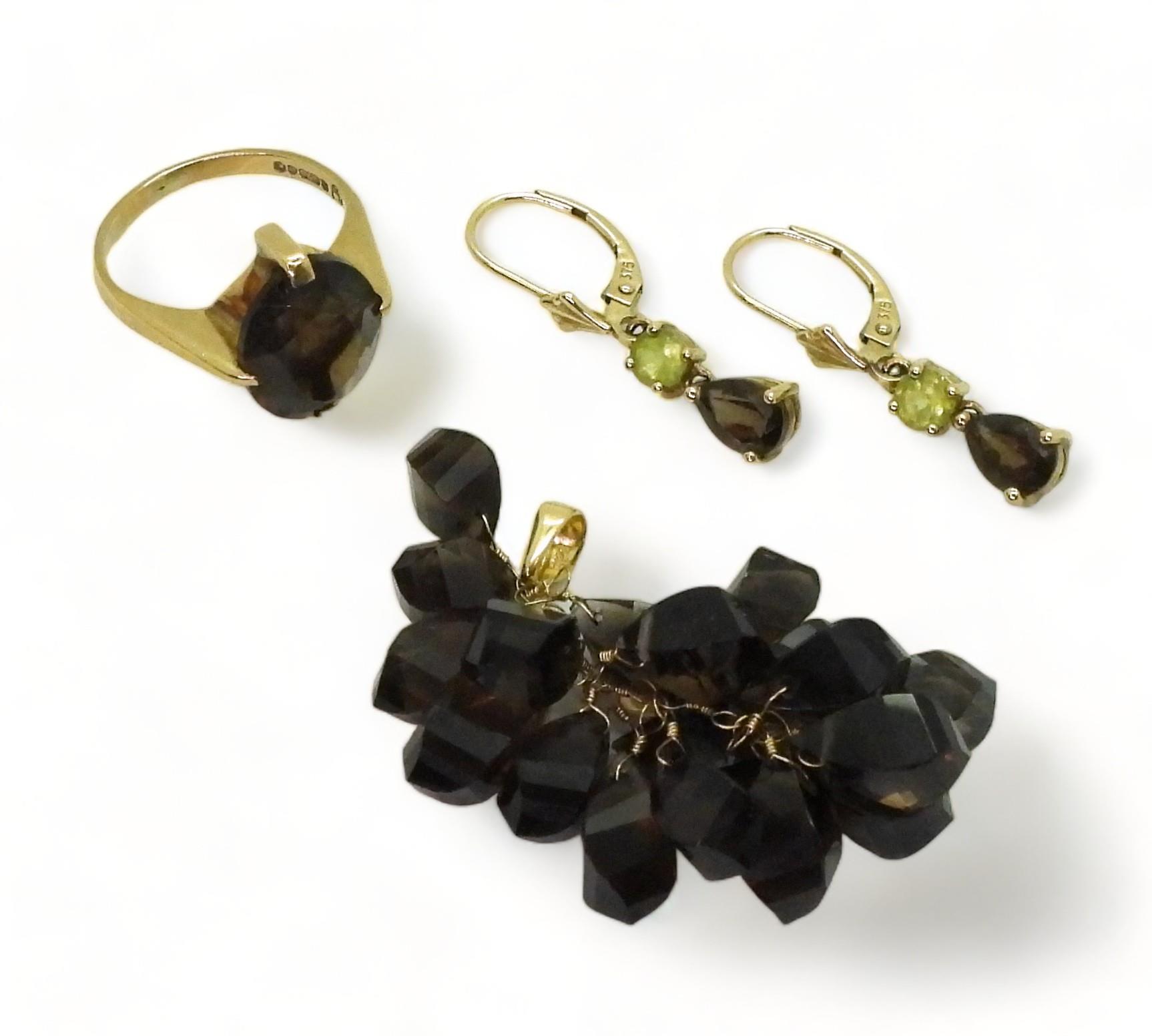 A 14k smoky quartz bunch of grapes pendant, weight 7.6gms, together with a pair o f smoky quart