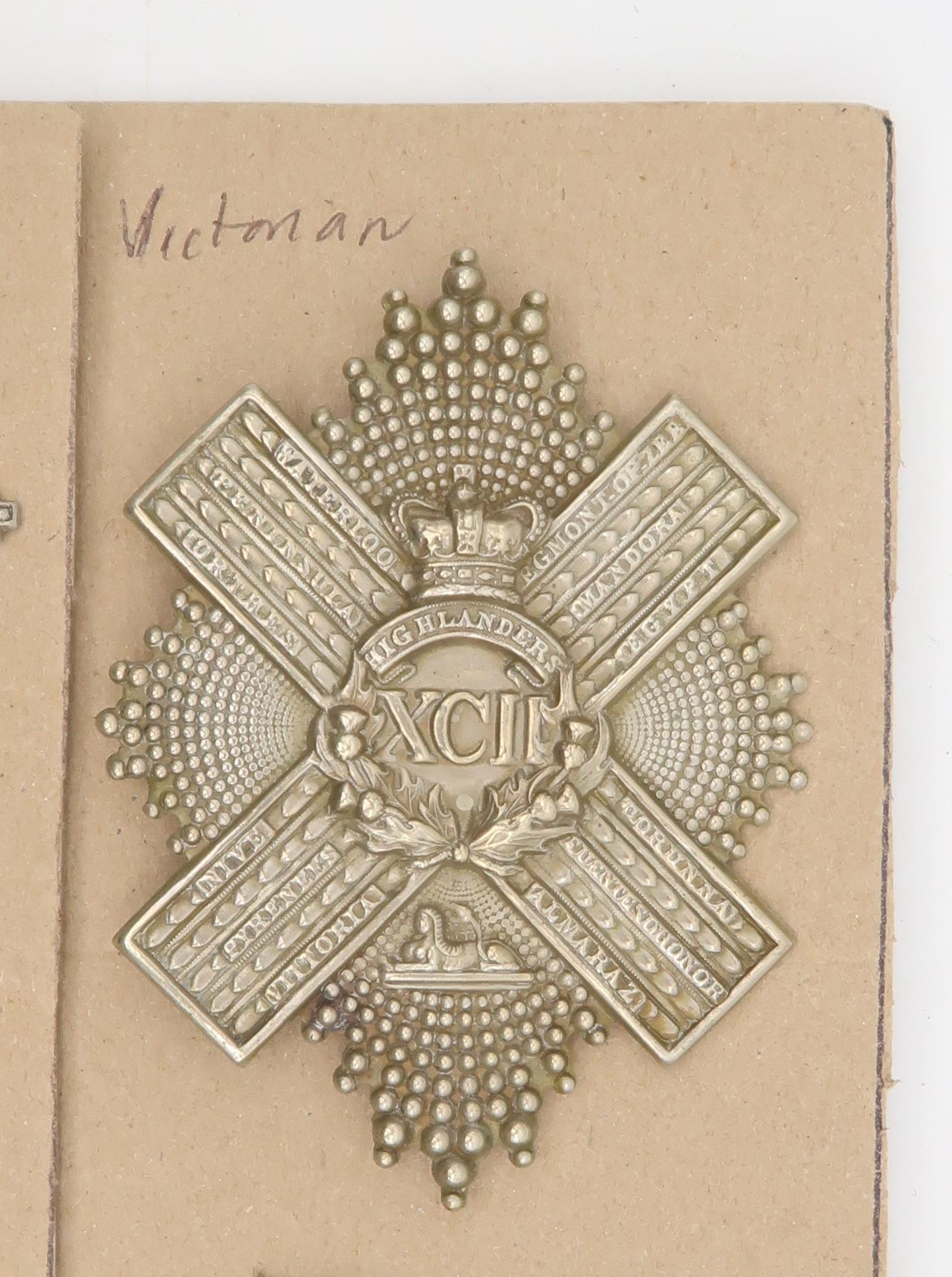 Assorted glengarry cap and cross belt badges, comprising a Victorian 92nd Gordon Highlanders screw- - Image 2 of 2