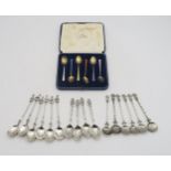 A cased set of harlequin guilloche enamel silver spoons, marked 925, a set of Dutch silver spoons,