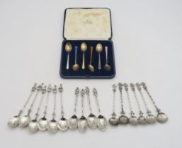 A cased set of harlequin guilloche enamel silver spoons, marked 925, a set of Dutch silver spoons,