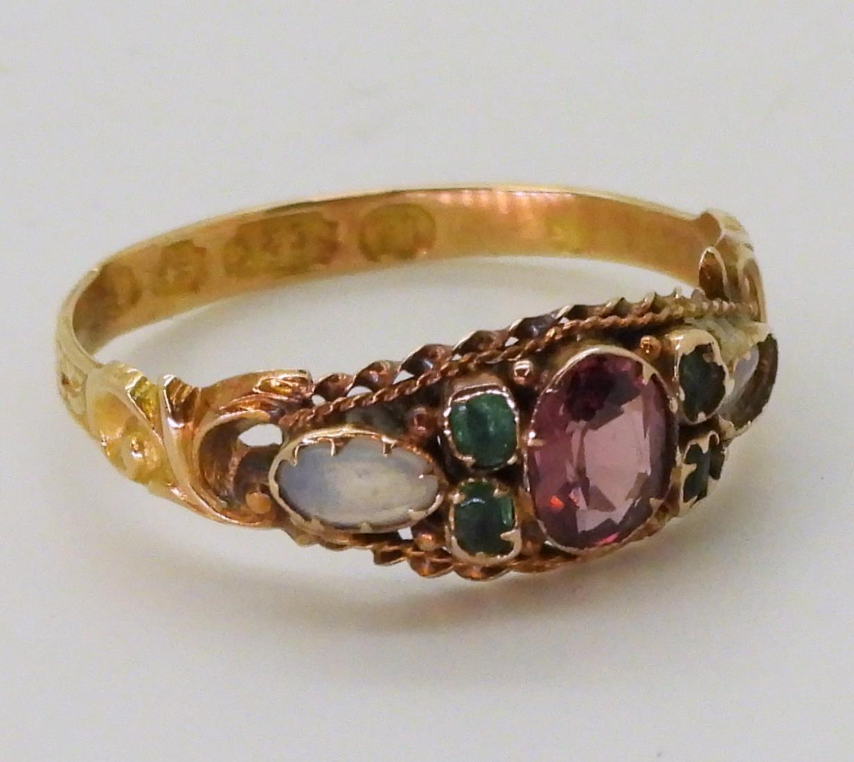 A 15ct gold opal pink & green gem set ring, with Birmingham hallmarks for 1870, size O, weight 1. - Image 2 of 3