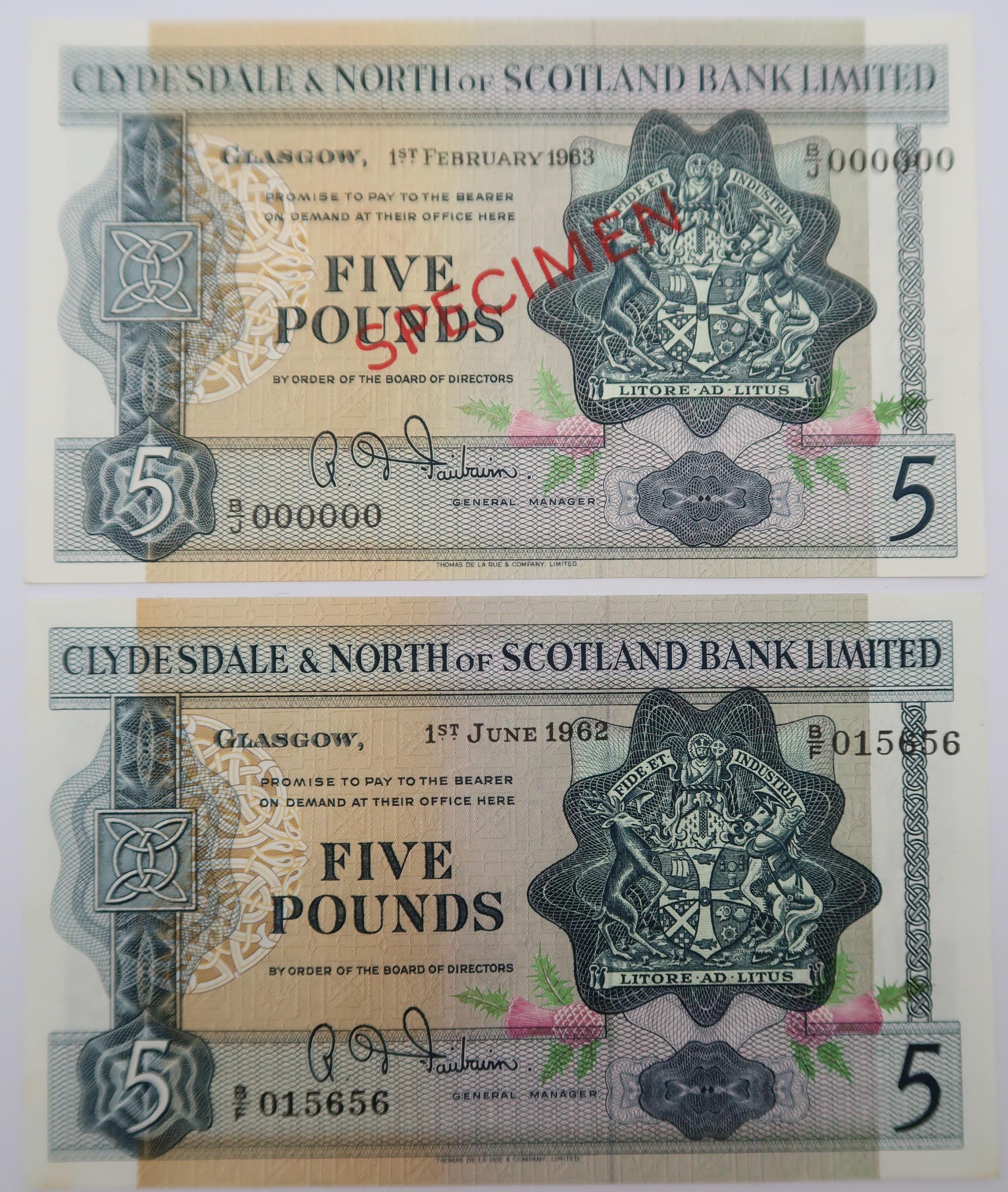 BANKNOTES Clydesdale & North of Scotland Bank specimen £5 note 1st February 1963 Fairbairn