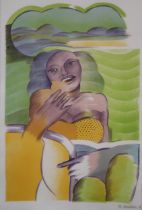 MICHAEL ROSCHLAU (GERMAN b.1942)  PORTRAIT OF WOMAN IN PURPLE AND GREEN  Lithograph, signed lower
