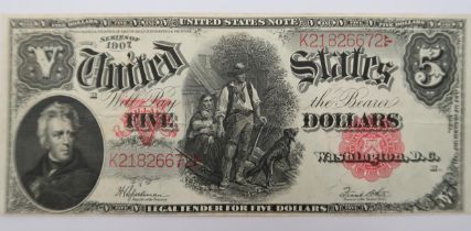 A 1907 series United States five dollar note Washington D.C. K2182667 Condition Report:Available
