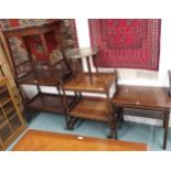 A mixed lot to include two assorted two tier tea trolleys, two assorted mahogany occasional tables