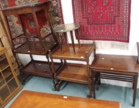 A mixed lot to include two assorted two tier tea trolleys, two assorted mahogany occasional tables